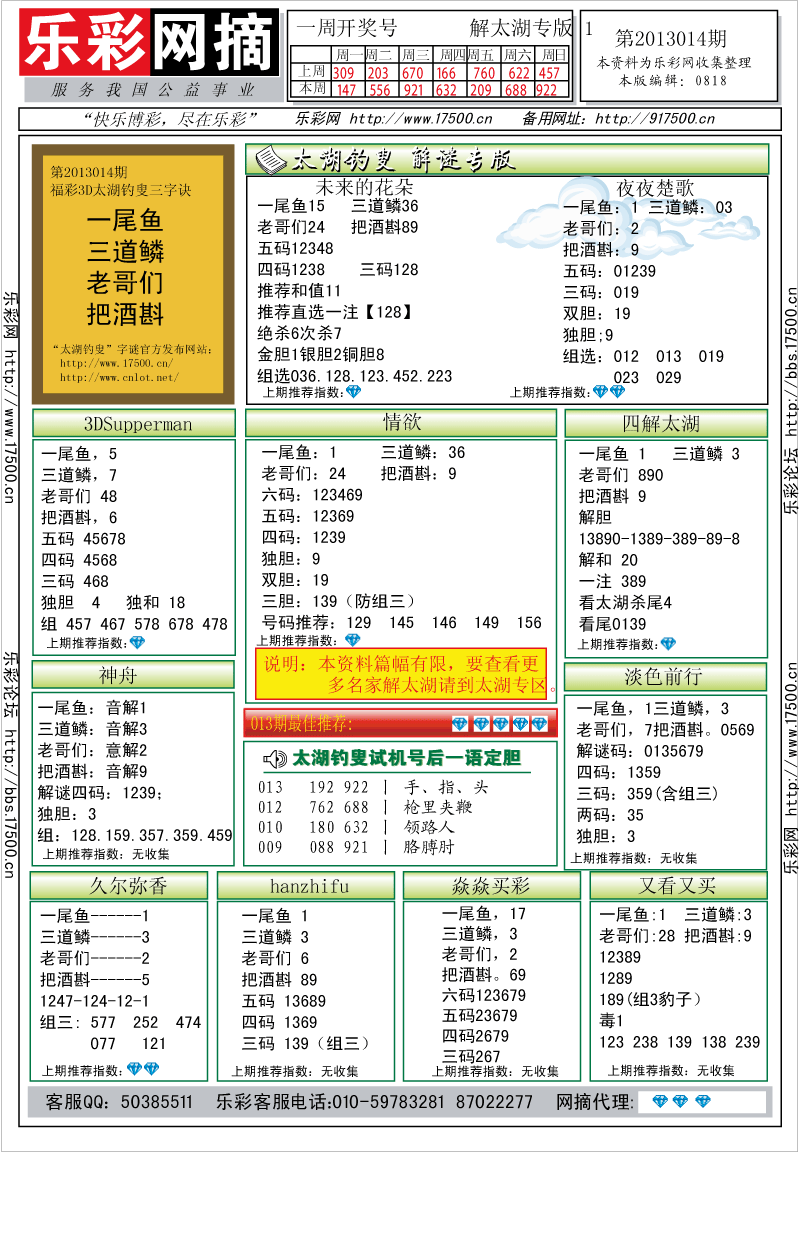 福彩3D第2013014期解太湖钓叟总汇