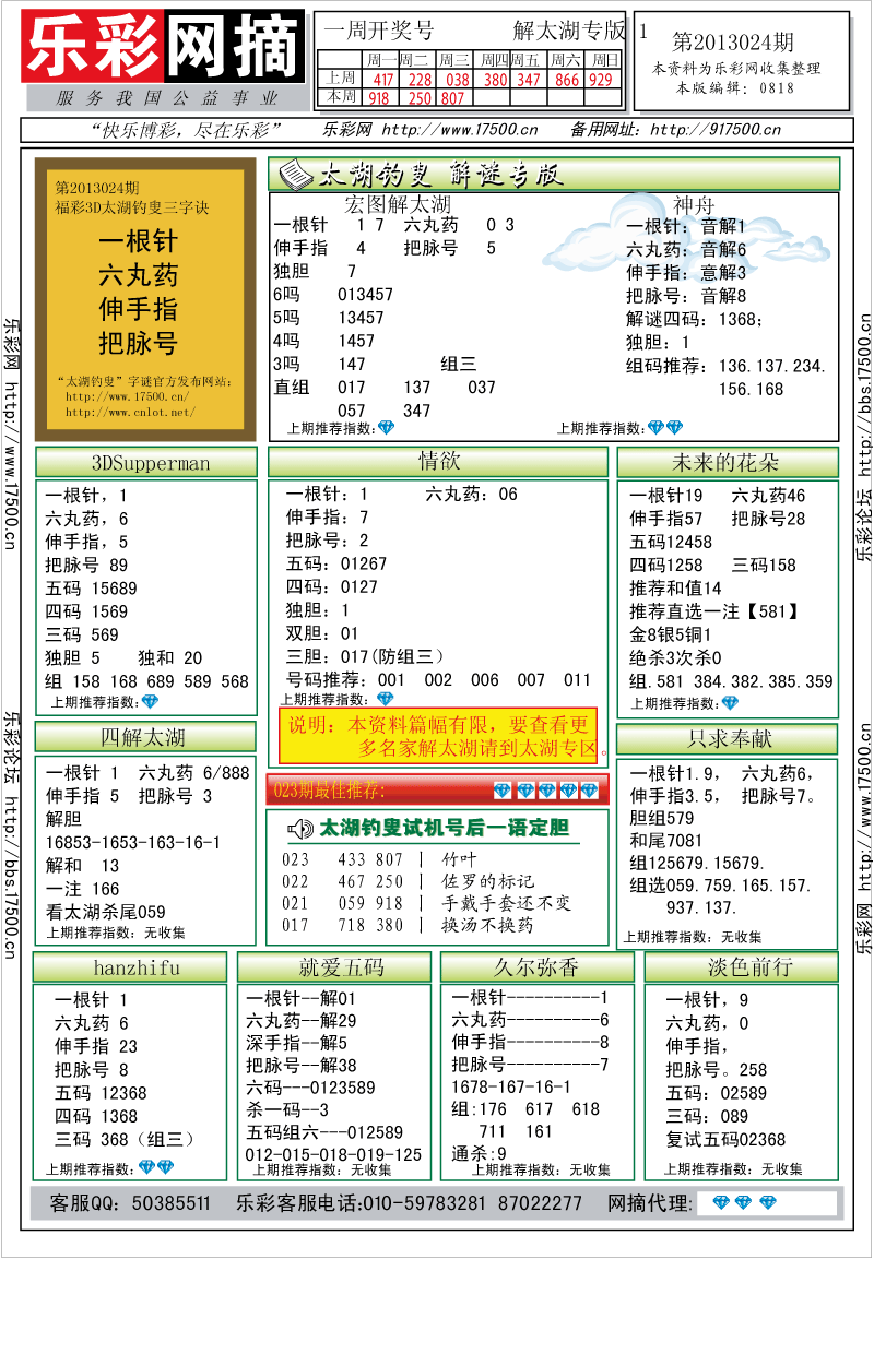 福彩3D第2013024期解太湖钓叟总汇