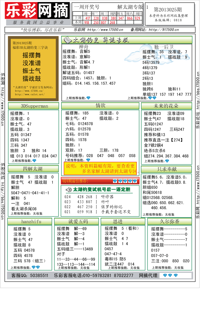 福彩3D第2013025期解太湖钓叟总汇