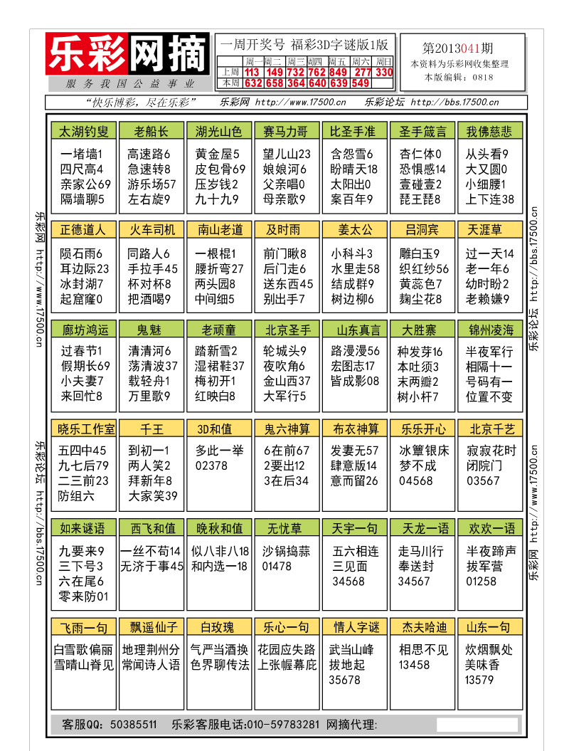 福彩3D第2013041期字谜总汇