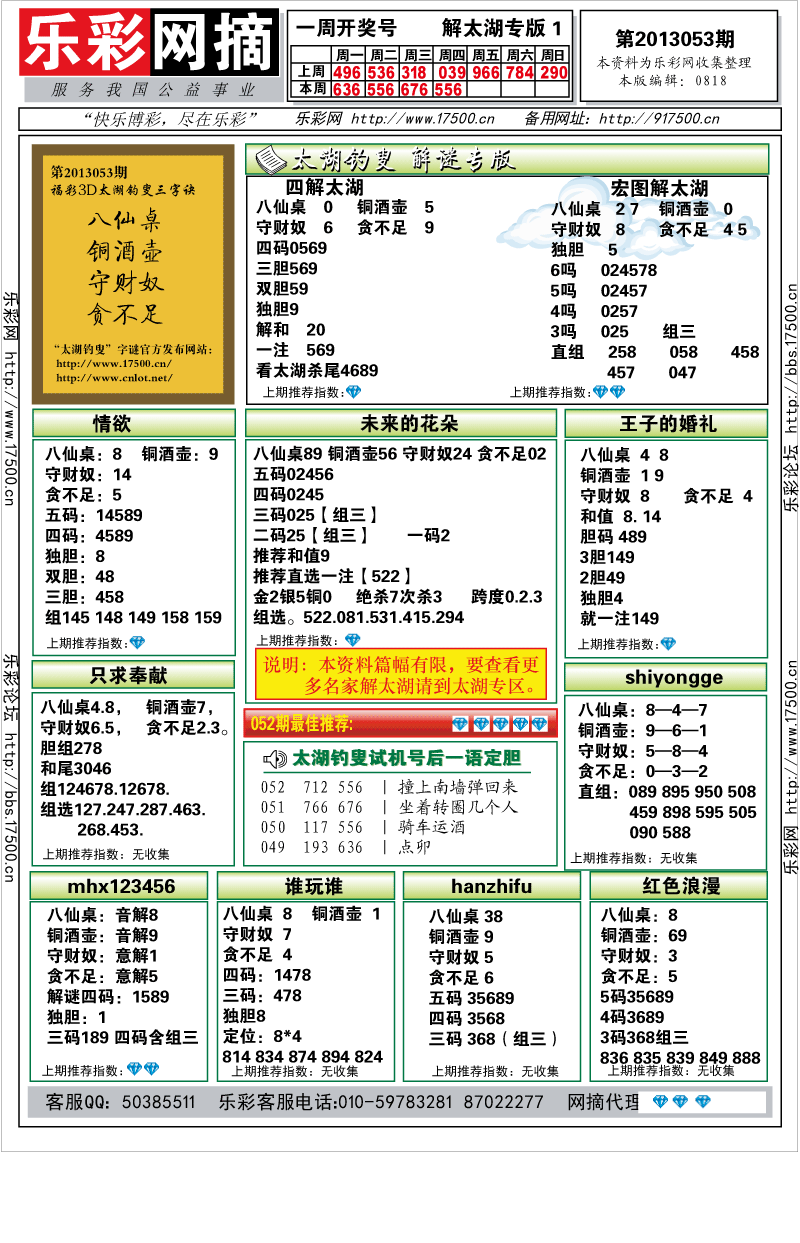 福彩3D第2013053期解太湖钓叟总汇